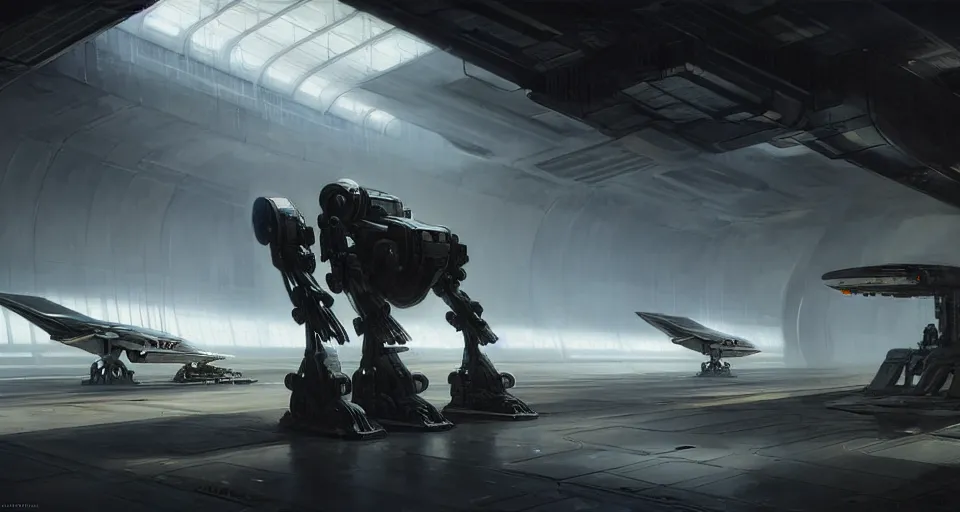 Image similar to hyper realistic sci - fi matte concept art painting of mecha in a starship hanger, starship in background, beautiful details, strong composition painted by kim jung guweta studio rutkowski, james gurney and greg rutkowski, and lucasfilm, smooth, intricate, detailed, sharp focus, cinematic