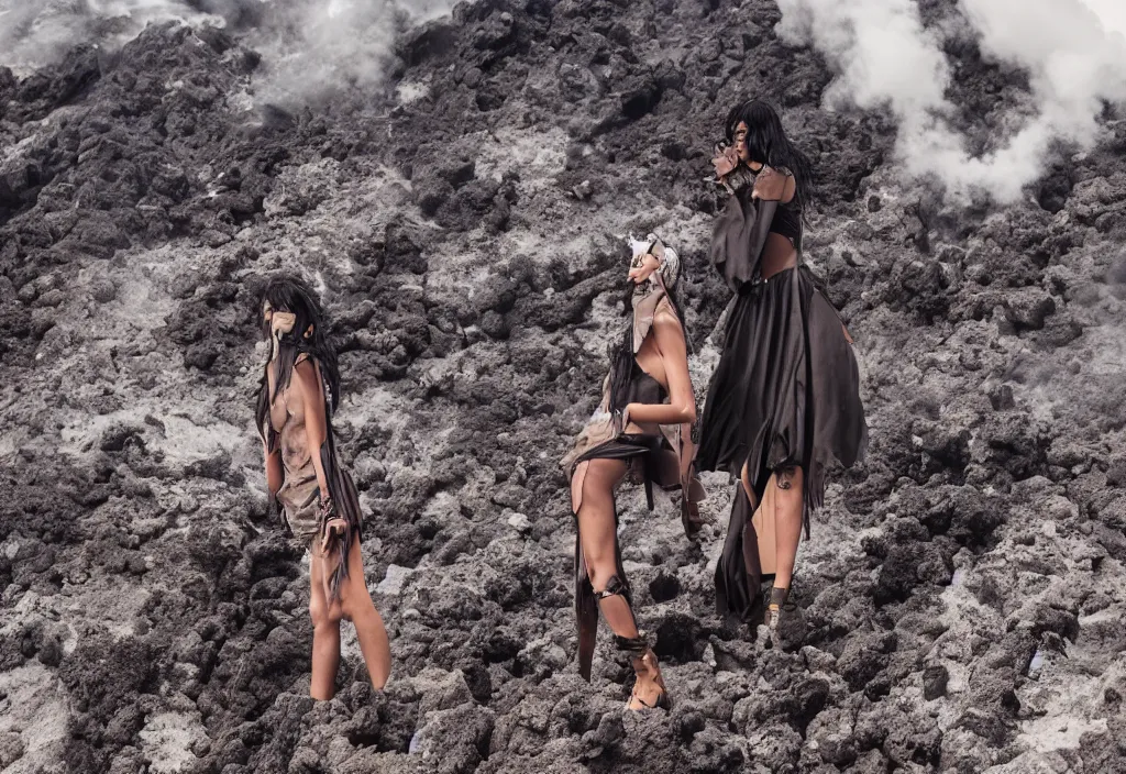 Image similar to fashion editorial in active volcano. wide angle. highly detailed.