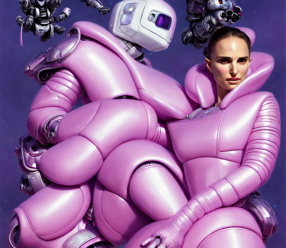 Prompt: beautiful fantasy character portrait, natalie portman, wearing pink puffy bomber jacket with white fur, decepticon robots, seductive reclining pose, futuristic chrome drones, ultra realistic, dramatic lighting, decepticon artifacts, highly detailed by peter mohrbacher, hajime sorayama, wayne barlowe, boris vallejo, aaron horkey, gaston bussiere, craig mullins