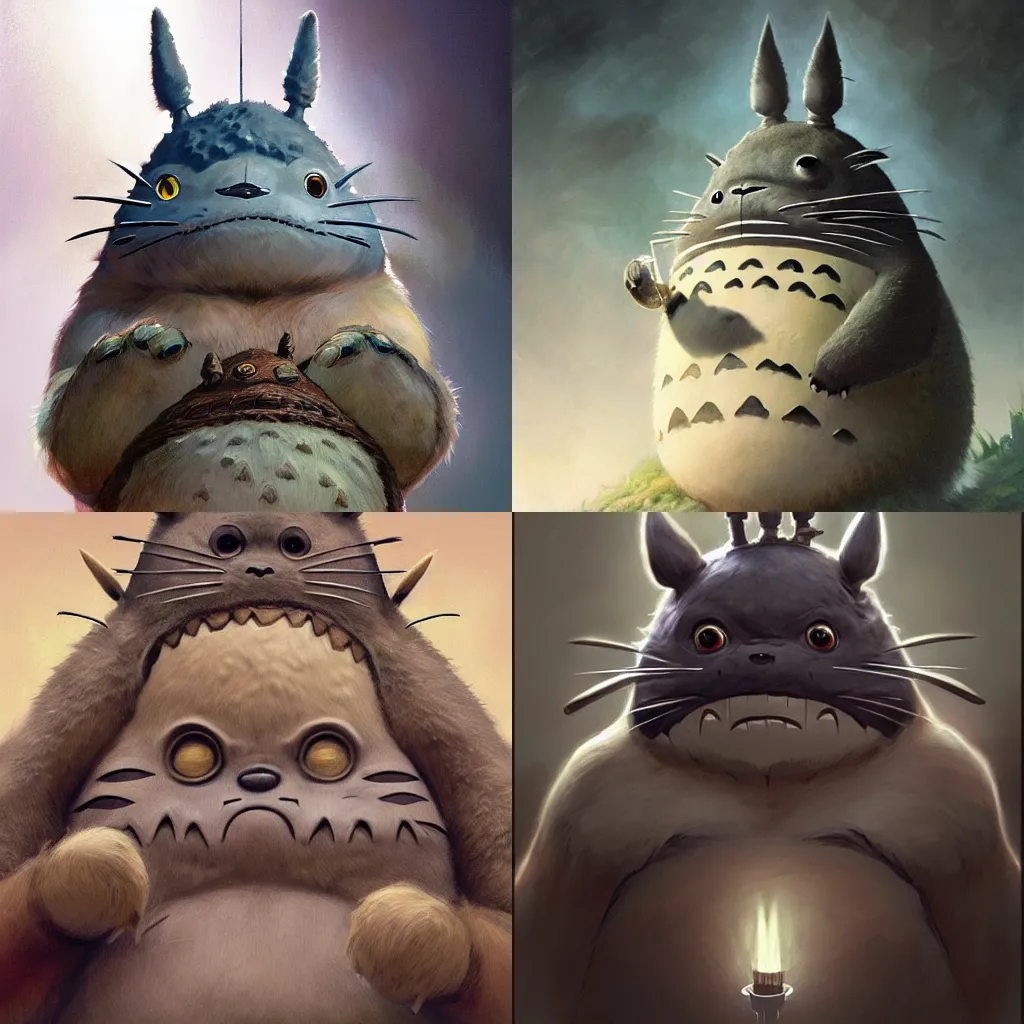 Prompt: portrait of a totoro, muscular, upper body, D&D, fantasy, intricate, cinematic lighting, highly detailed, digital painting, artstation, concept art, smooth, sharp focus, illustration, art by Artgerm and Greg Rutkowski and Alphonse Mucha