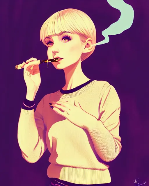 Image similar to digital illustration of pretty girl sabrina with short blonde hair wearing a sweater, from alice in wonderland, smoking, in a wonderland forest at night, by ilya kuvshinov, lois van baarle, rossdraws, basquiat