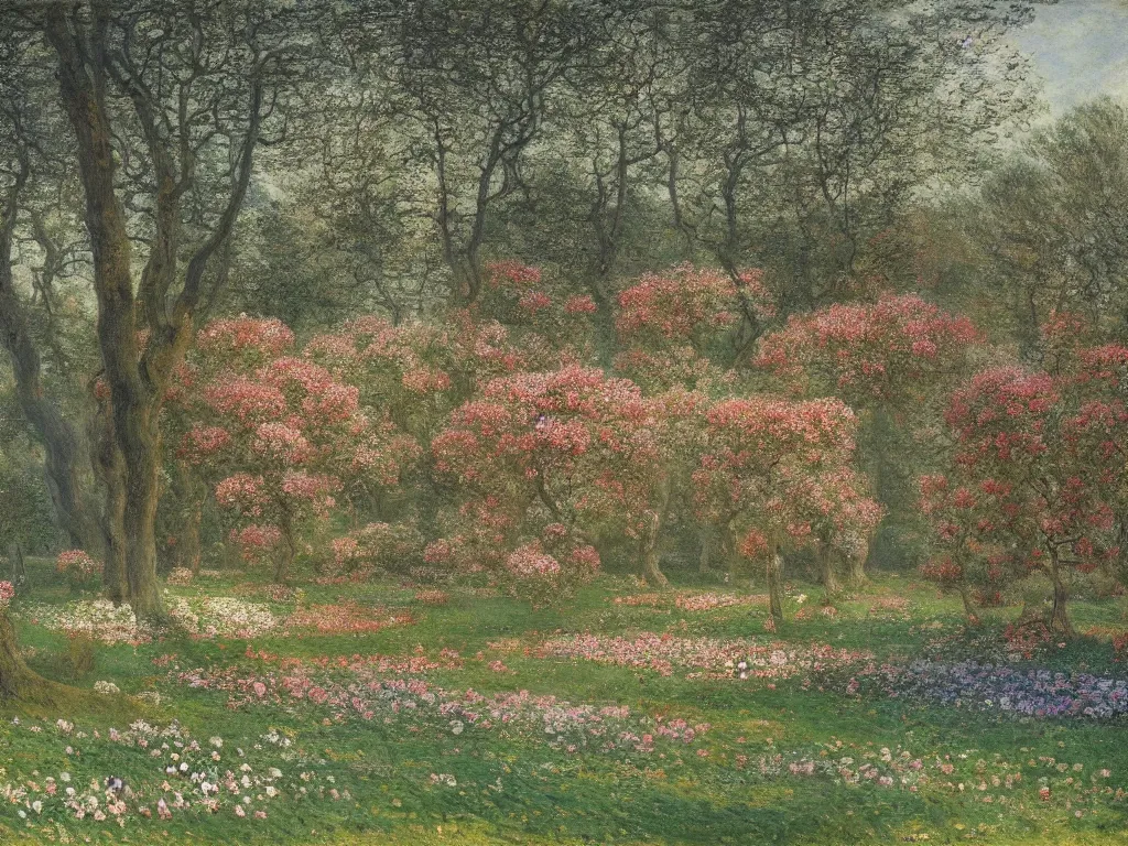 Image similar to a park with many beautiful flowers, by caspar david friedrich, by claude monet, canvas, paint, oil paint, tempera paint, dripping paint, splatter paint, macro, dof, insanely detailed and intricate, hypermaximalist, elegant, ornate, hyper realistic, super detailed