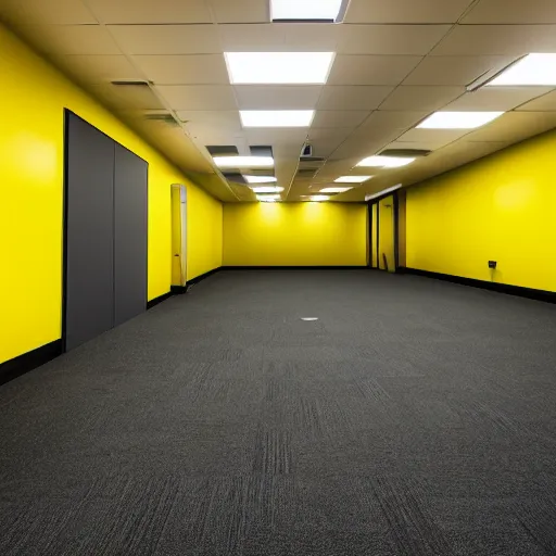 Image similar to a photograph of an emty office with mono yellow walls,brown moist carpet and fluorescent lights,creepy,eerie,4k,real photo,natural lights,mysterious,professional photography,nostalgic,old