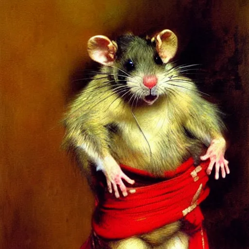 Prompt: a portrait of a furry rat wearing a red kimono, hairy, furry body, furry arms, feet, tail. highly detailed painting by gaston bussiere, craig mullins, j. c. leyendecker, furry