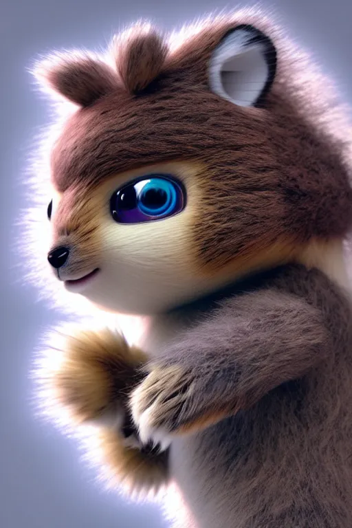 Image similar to high quality 3 d render hyperrealist very cute multicolor fluffy! cyborg!! quokka hybrid with wings!!!, highly detailed, vray smooth, in the style of detective pikachu, hannah yata charlie immer, dramatic blue light, low angle, uhd 8 k, sharp focus