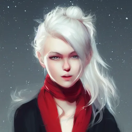 Image similar to portrait of a girl with white hair in a messy white hairbun. She is wearing a short black tshirt, jeans pants, a red scarf. magic atmosphere, digital art, character design. in the style of wlop, rossdraws, artstation trending