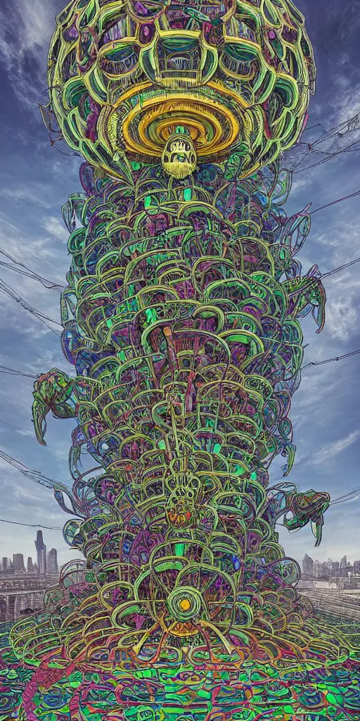 Image similar to colossal psyhedelic alien flower made from worst mankind ideas in the middle of abandoned post soviet constructivist cityscape, Stalinist architecture, ultradetailed, Intricate by Hayao Miyazaki and Josan Gonzalez