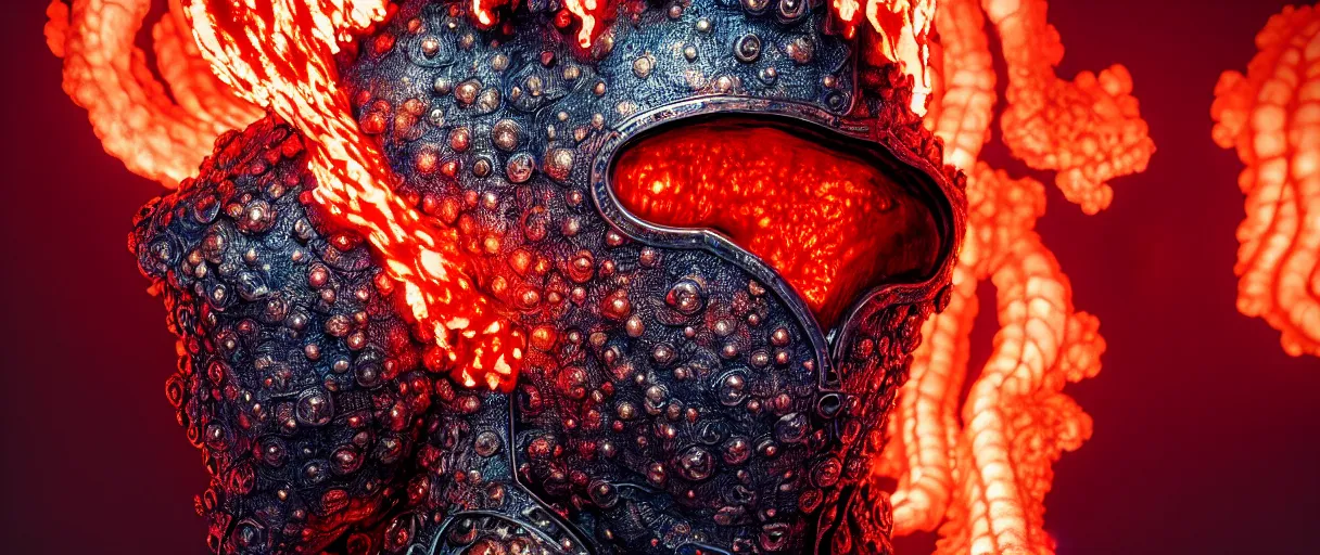 Prompt: hyperrealist highly detailed english medieval portrait of high fashion monster wearing flame fire smoke flame armor, radiating atomic neon corals, veiny network growth with fungal pattern, concept art pascal blanche dramatic studio lighting 8k wide angle shallow depth of field