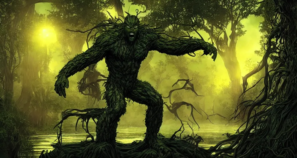 Image similar to Marvel Comics Man Thing Battles DC Comics Swamp Thing In A Misty Swamp, bats, sunset, volumetric lighting, hyperrealistic, beautiful details, HDR, octane render, action shot, wide angle, bokeh, Yasushi Niarasawa Moebius Jim Steranko Style