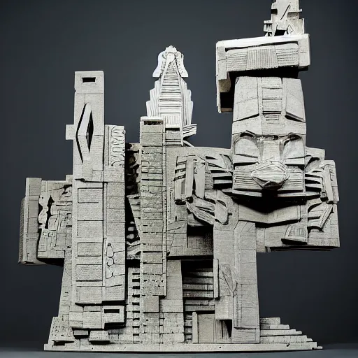 Prompt: abstract sculpture representing mecha mayan temples mixed with futuristic cubist mountains