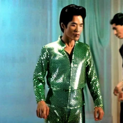 Image similar to A still of Ho Chi Minh wearing a disco suit in Saturday Night Fever