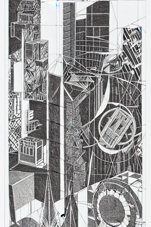 Image similar to a black and white drawing of a science fiction building, cityscape, a detailed mixed media collage by hiroki tsukuda and eduardo paolozzi and moebius, intricate linework, sketchbook psychedelic doodle comic drawing, geometric, street art, polycount, deconstructivism, matte drawing, academic art, constructivism