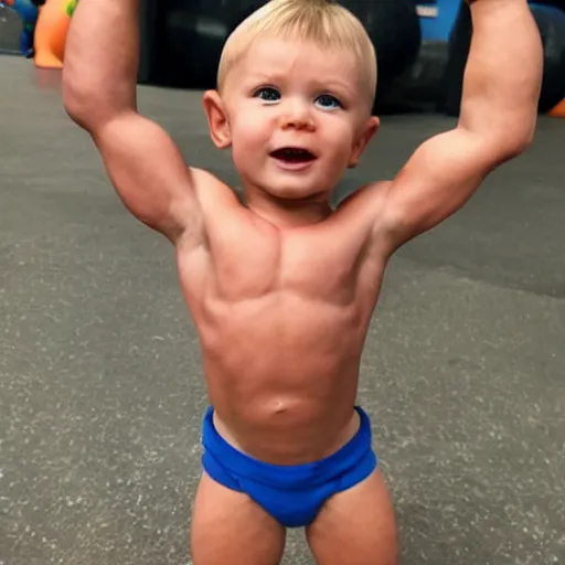 Prompt: huge muscles bodybuilder toddler, 2 years old, barrel chested, rippling muscles, huge veins, bulging muscles, ripped, award winning photography, high detail