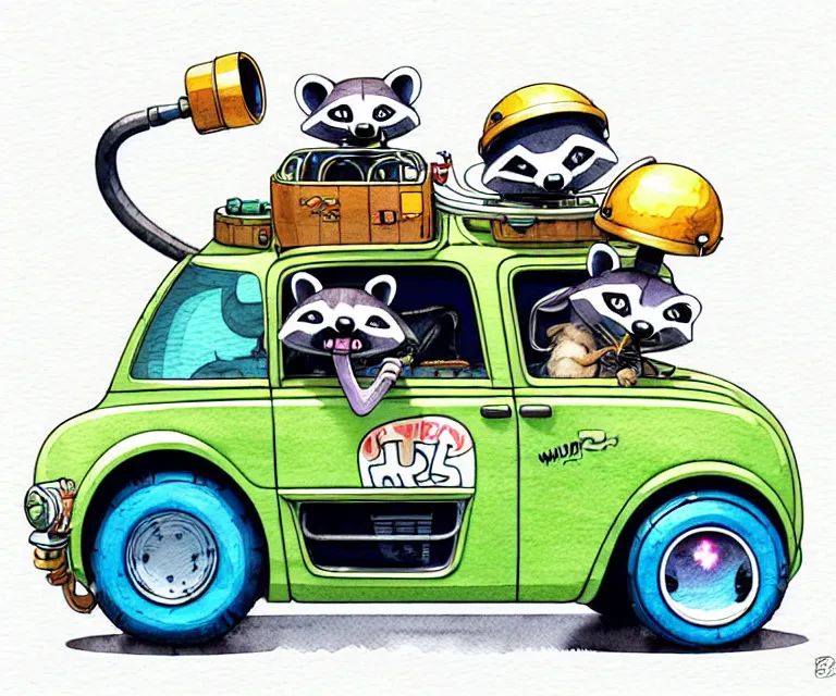 Prompt: cute and funny, racoon wearing a helmet riding in a tiny hot rod with oversized engine, ratfink style by ed roth, centered award winning watercolor pen illustration, isometric illustration by chihiro iwasaki, edited by range murata, tiny details by beeple, symmetrically isometrically centered