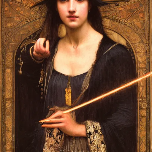 Prompt: orientalist portrait of a tired!!! witch in formal wear holding an iridescent oak magic wand intricate portrait by john william waterhouse and Edwin Longsden Long and Theodore Ralli and Henryk Siemiradzki, very coherent symmetrical artwork. Cinematic, hyper realism, high detail 8k