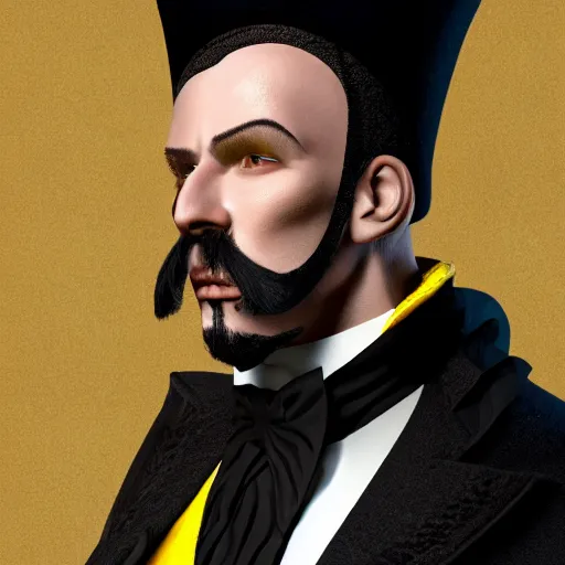 Image similar to a highly detailed portrait of a man in a high top hat covering his face, in a black tailcoat with a yellow waistcoat under the tailcoat, artstation, deviantart, professional, unreal engine 5, photorealistic