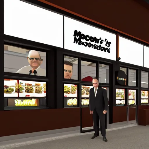 Image similar to 3 d render of scott morrison at a mcdonald's restaurant