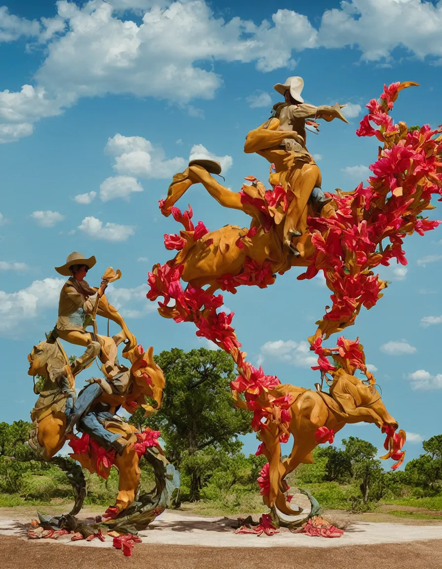 Prompt: a cowboy turning into blooms by slim aarons, by zhang kechun, by lynda benglis, by frank frazetta. tropical sea slugs, angular sharp tractor tires. bold complementary vivid colors. warm soft volumetric light. 8 k, 3 d render in octane. a manly cowboy riding wild flowers sculpture by antonio canova.