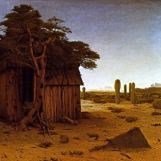 Image similar to An overgrown wood cabin in the middle of a desert, painting by Caspar David Friedrich, Caravaggio, highly detailed,