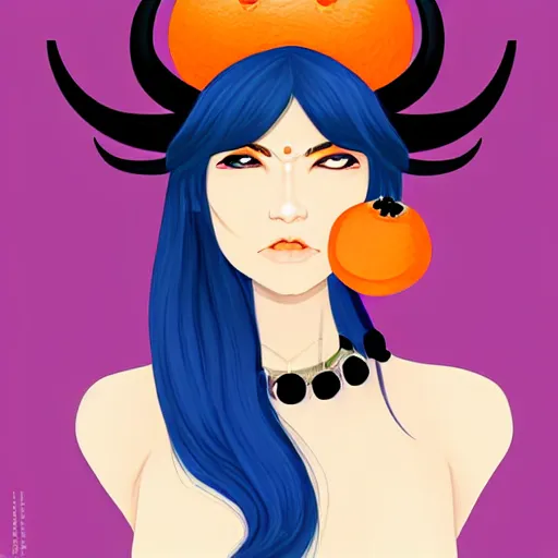 Image similar to illustrated portrait of ram-horned devil woman with blue bob hairstyle and her tangerine colored skin and with solid black eyes wearing leather by rossdraws