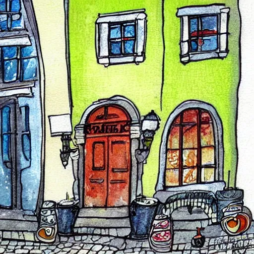 Image similar to beautiful cute cozy very little cafe on a cobblestone street, cute cartoon, low detail, white background, watercolor, 4 colors!!!