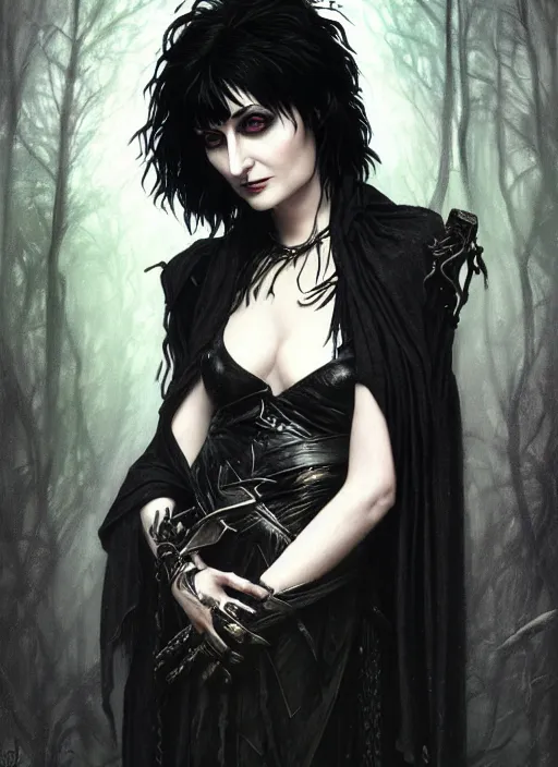 Prompt: portrait of siouxsie sioux, dark and ethereal, expressive pose, peaceful expression, dark gothic dress, fantasy, intricate, dark forest background, highly detailed, digital painting, artstation, concept art, smooth, sharp focus, illustration, art by artgerm and greg rutkowski and alphonse mucha