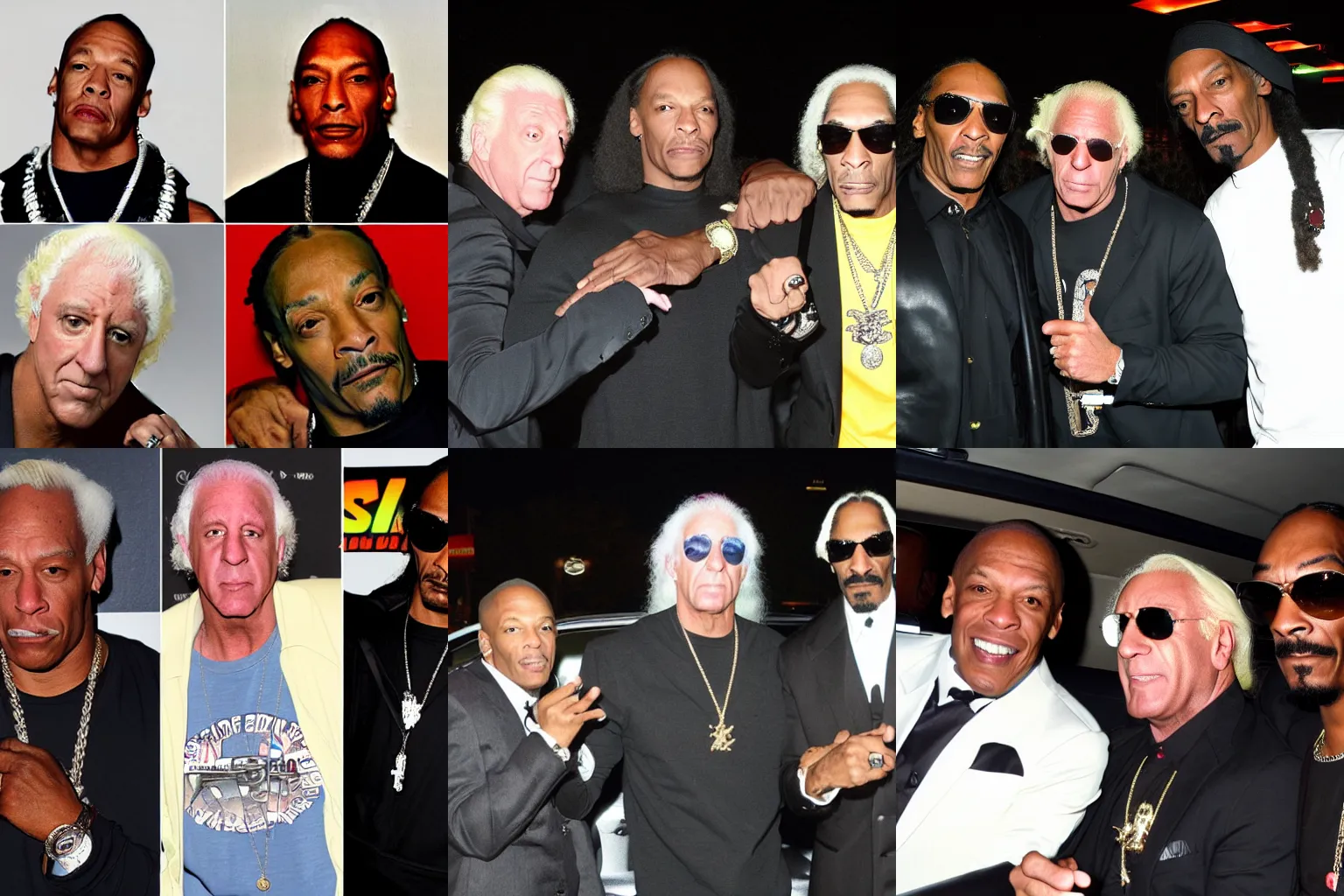 Prompt: dr dre, ric flair, and snoop dogg late night driving