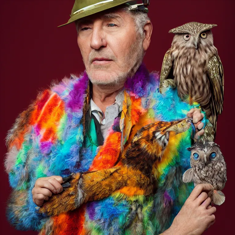 Image similar to high fashion photoshoot octane render portrait by wayne barlow and carlo crivelli and glenn fabry, a distinguished actor wearing a colorful wes anderson designed uniform and holding a tie - dye owl inside a high - end exotic colorful pastel vintage boutique hotel lounge, very short depth of field, bokeh