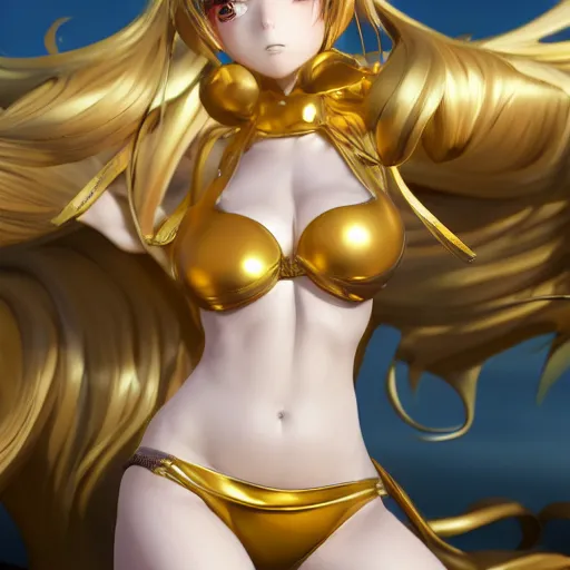 Image similar to anime girl in bikiniportrait of anatomy gold statue reflect chrome, 8 k uhd, unreal engine, octane render in the artstyle of finnian macmanus, john park and greg rutkowski