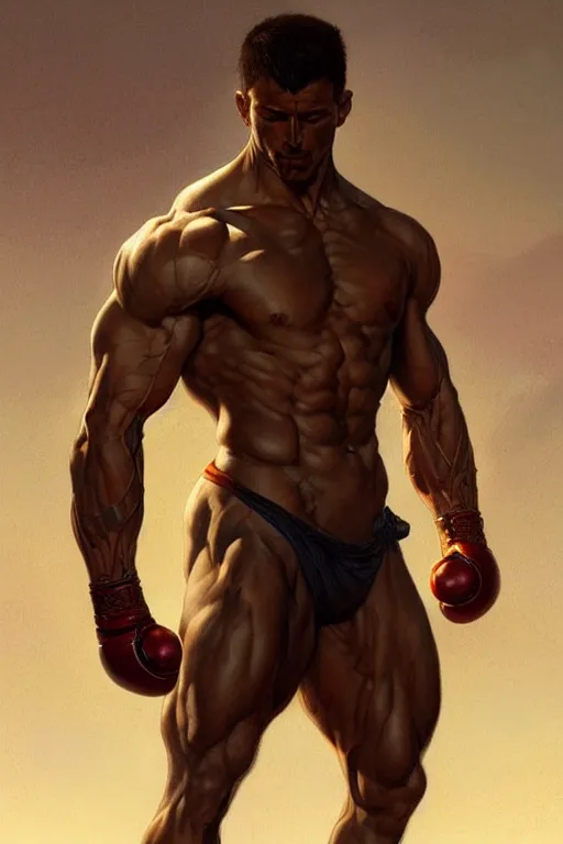 Prompt: A muscular fighter, fit, very muscular male body, intricate, highly detailed, digital painting, artstation, concept art, sharp focus, illustration, art by greg rutkowski and alphonse mucha
