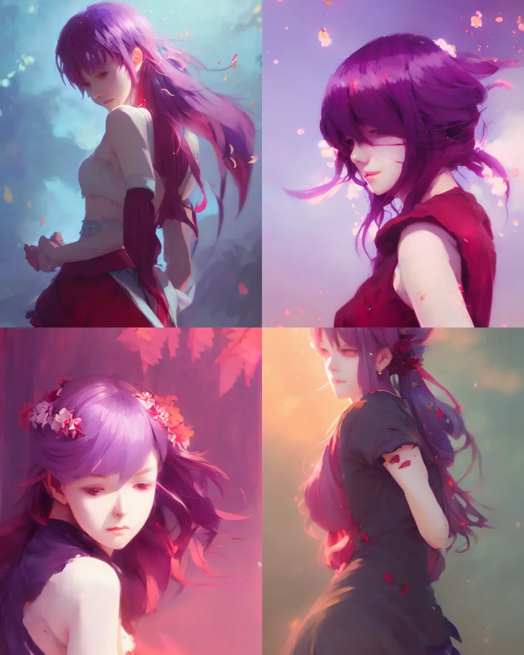 Prompt: girl with purple hair and red clothing, flower decoration on the background, a beautiful half body illustration, top lighting, perfect shadow, soft painting, art by hidari and krenz cushart and wenjun lin