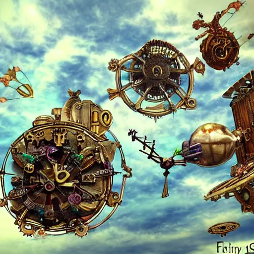 Image similar to flying city in a mechanical flower, sky!, fantasy art, steampunk, masterpiece, behrens style