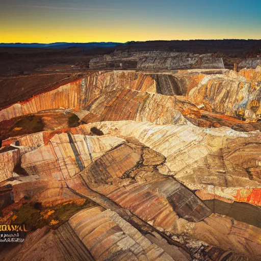 Prompt: bottom-up view from a huge deep multicoloured rock quarry in the evening light ultra detailed by National Geographic style, golden hour, atmospheric lighting, 8k resolution, best color graded, vray beautiful, hyper-realistic render W 1080 H 1080