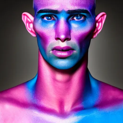 Prompt: a close up portrait of a beautiful athletic young male alien with pink and blue ombre color skin , photographed by erwin olaf, artistic