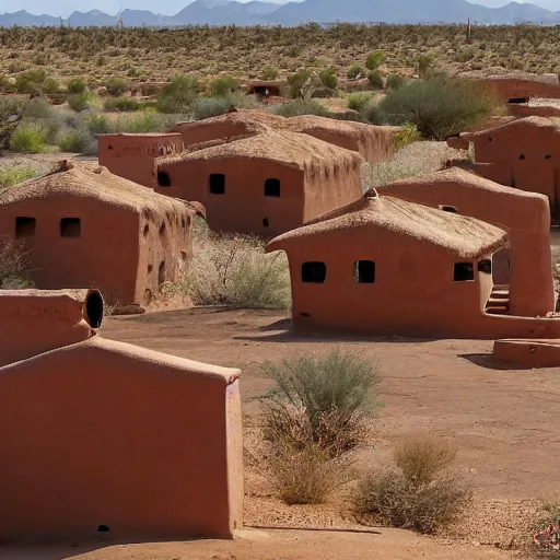 Prompt: a village of mud and bricks houses, adobe houses, in the arizona desert. Trending on 500px