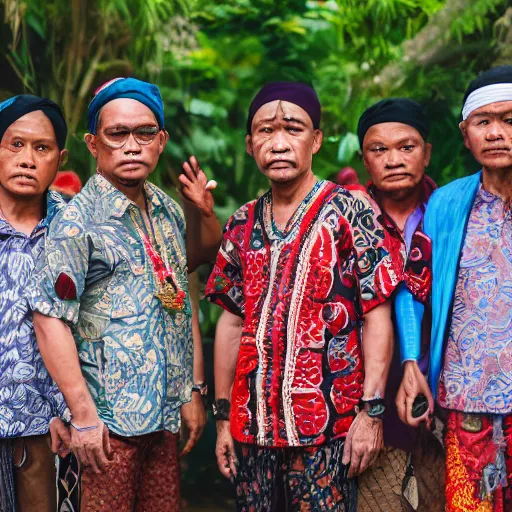 Image similar to portrait of people wear bandana with batik parang rusak pattern and bring javanese keris as weapon,javanese people gangster style