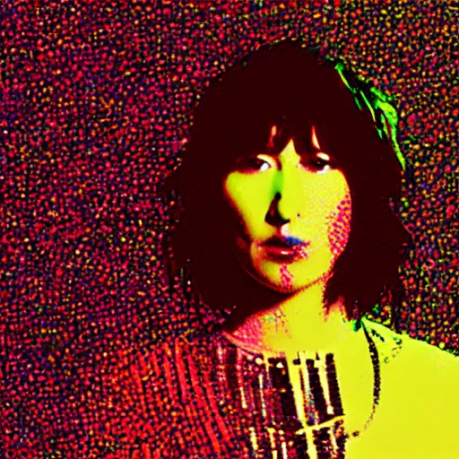 Prompt: Karen O of the Yeah Yeah Yeahs. Zoomed out full body. Glitch effect. Pixel glitch. Chromatic Aberration. data moshing glitch art. 4k.