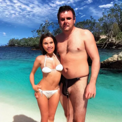 Image similar to photo of a 4 0 year old man that looks young for his age dating a very attractive and completely legal 1 8 year old woman wearing a bikini.