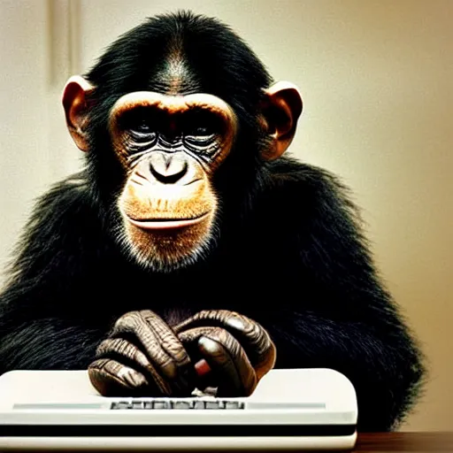 Image similar to chimp in an office job cubicle on computer, 9 0 s photograph