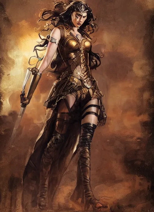 Image similar to highly detailed steampunk gal gadot action pose : leonardo da vinci, greg rutkowski, magali villeneuve