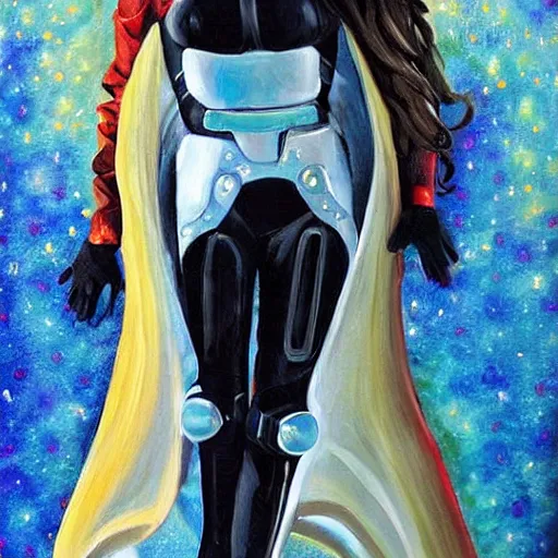 Prompt: A woman is happy because she is wearing a sci-fi suit designed for extreme comfort. Painting.