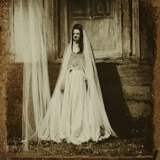 Prompt: picture of ghostly bride in front of an old wooden white church, 1 9 th century southern gothic scene, made by chausheva, katia