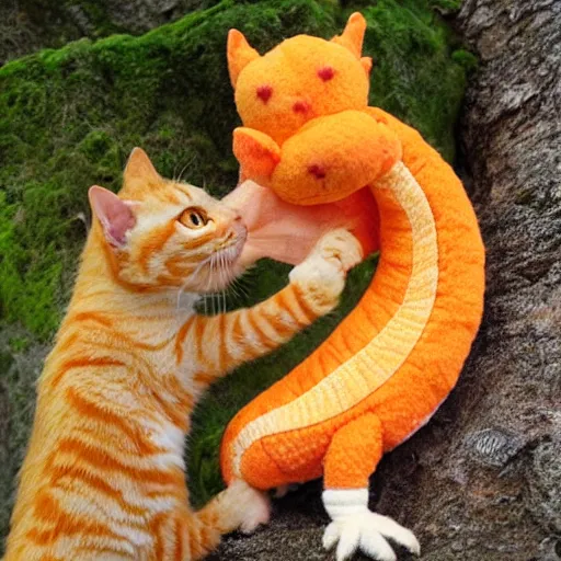 Prompt: tiny dragon snuggling orange tabby cat, orange tabby hugging tiny dragon
