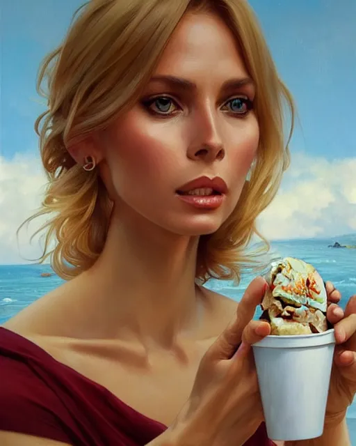 Image similar to Portrait of a blonde Barbara Bach from the bond film eating ice creams in Porto,real life skin, intricate, elegant, highly detailed, artstation, concept art, smooth, sharp focus, art by artgerm and greg rutkowski and alphonse mucha