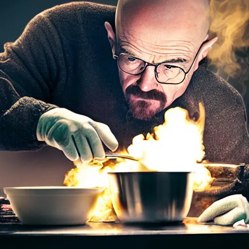 Image similar to walter white cooking eggs in a saucepan. He is looking worried. The stove is on fire. dramatic lighting, movie poster