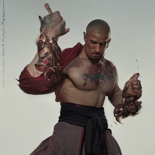 Image similar to A detailed matte oil on canvas painting of a male martial artist monk, orchid arm tattoos by greg rutkowski and artgerm, trending on artstation, dungeons and dragons art