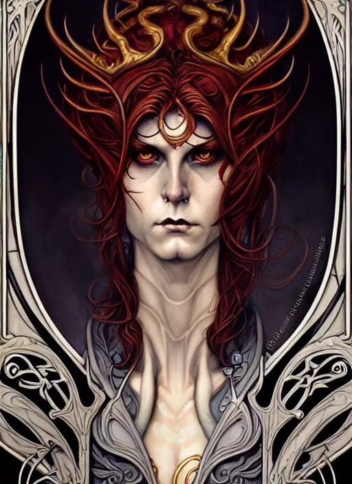 Image similar to an art nouveau, evil dragon man portrait in the style of charlie bowater, and in the style of donato giancola, and in the style of charles dulac. very large, clear, expressive, intelligent eyes. symmetrical, centered, ultrasharp focus, dramatic lighting, photorealistic digital painting, intricate ultra detailed background.