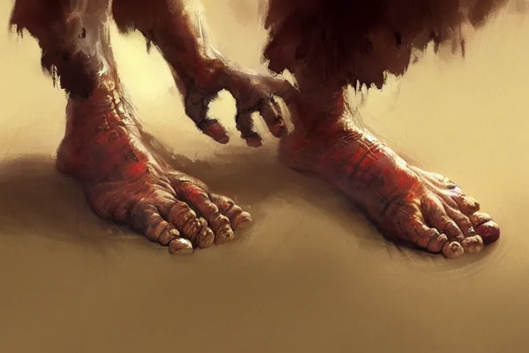 Image similar to close-up of feet of an ogre, dirty nails, concept art in style of Greg Rutkowski, painted by Frank Frazetta, trending on artstation