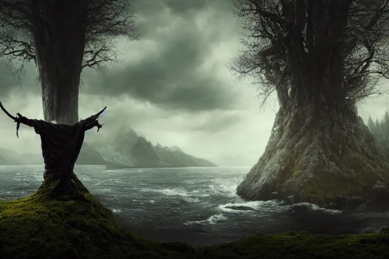 Prompt: an ultra realistic, cinematic headshot portrait, of an evil wizard, background of a vast serene landscape, with trees and rivers, detailed, deep focus, movie still, dramatic lighting, ray tracing, by michal karcz and yoshitaka amano