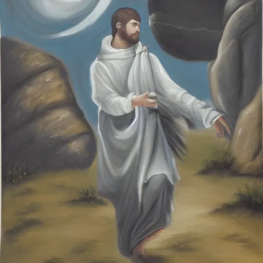 Image similar to a painting in gothic style of a guy with white hoodie pushing a big rock. modern clothes